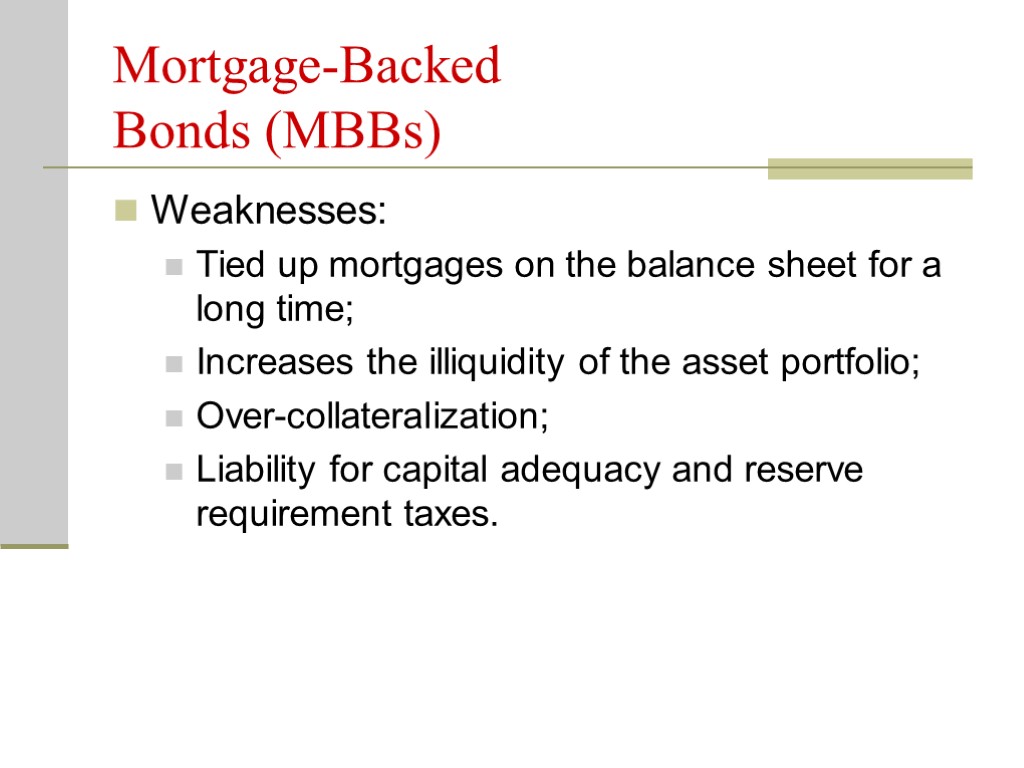 Mortgage-Backed Bonds (MBBs) Weaknesses: Tied up mortgages on the balance sheet for a long